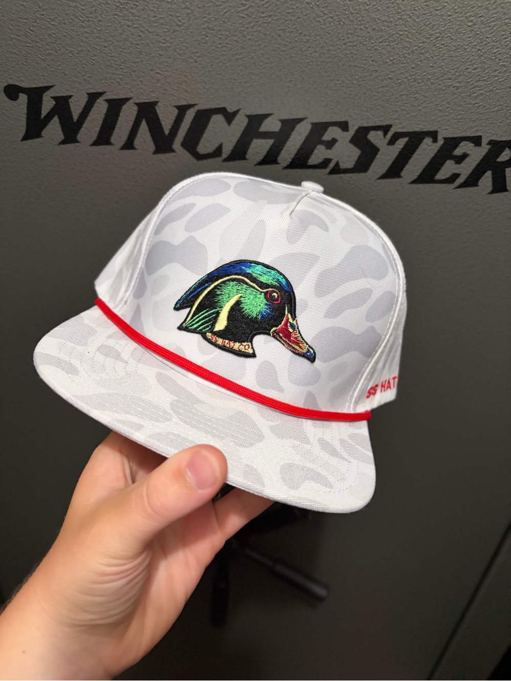 Southern String White Camo Cap with Colorful Duck Patch and Red Trim